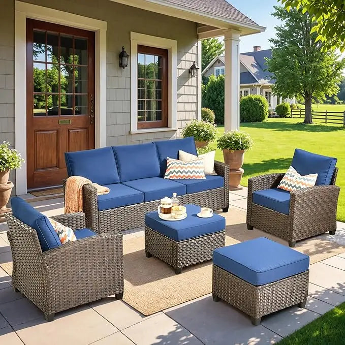 Patio Furniture Set 5 Pieces Outdoor Wicker Rattan Sofa Chairs Ottomans