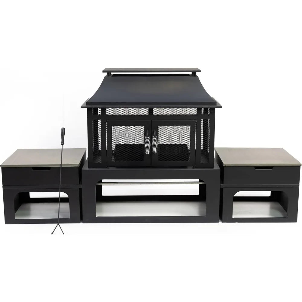 70 Inch Outdoor Rectangular Steel Wood Burning Fireplace With Side Tables