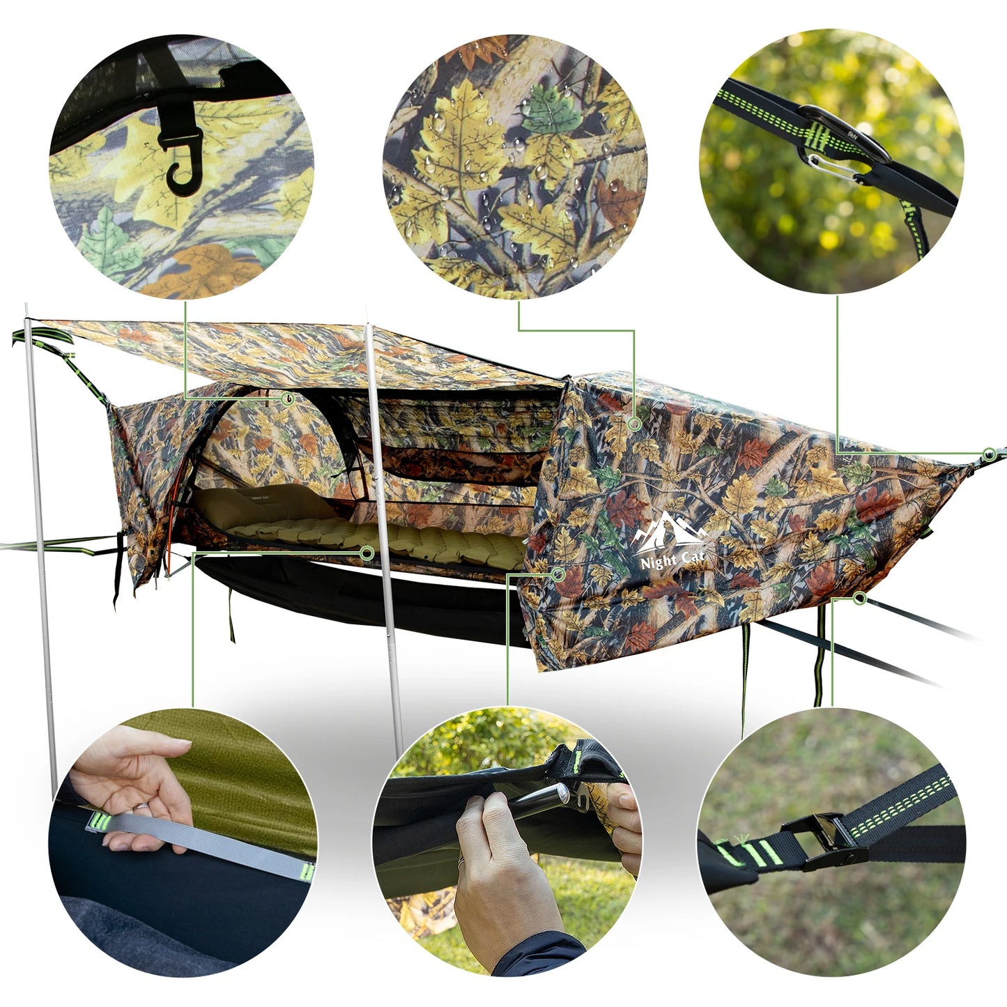 Night Cat Lay Flat Hammock With Tree Straps Nylon Mosquito Net Portable Camping