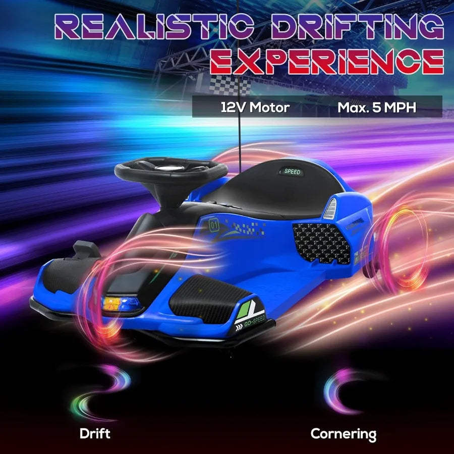 Blue 12V Electric Go Kart For Kids 8 To 12 With Slow Start Music Lights 5 MPH