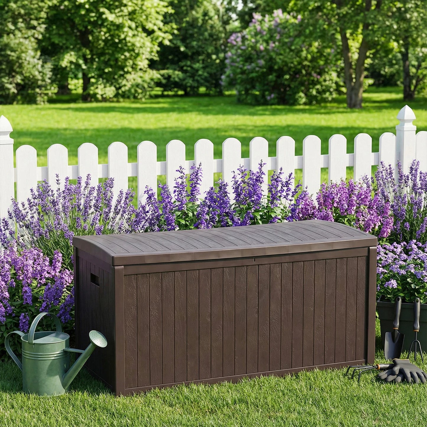 Lockable Waterproof Deck Box UV Resistant Outdoor Storage Organizer Wood Grain