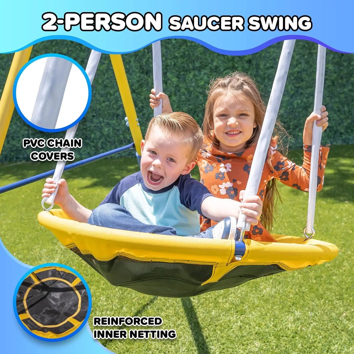 Turn your backyard into a vibrant action packed playground with this durable outdoor swing set designed for kids ages 3 to 8.