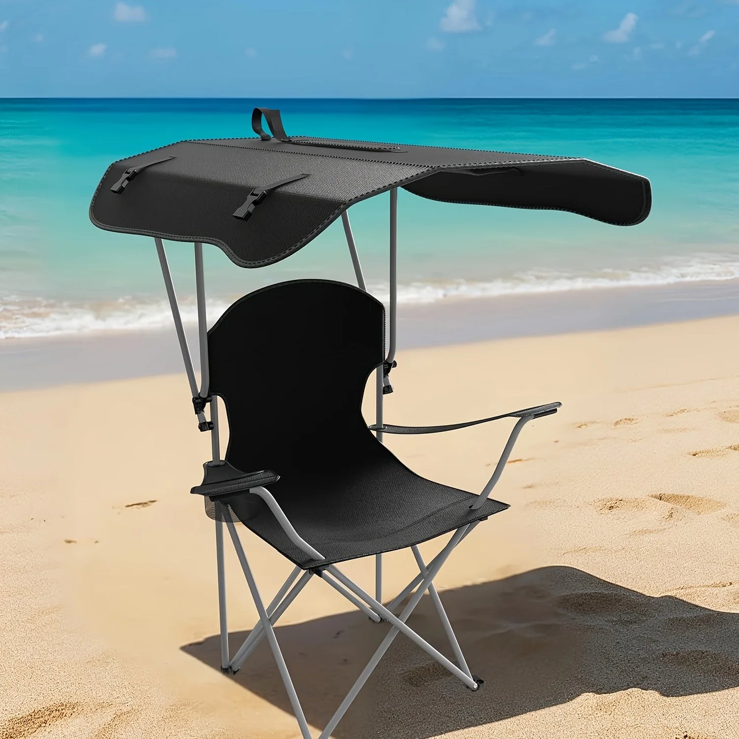 Portable Folding Beach Chair With Sunshade And Cup Holder