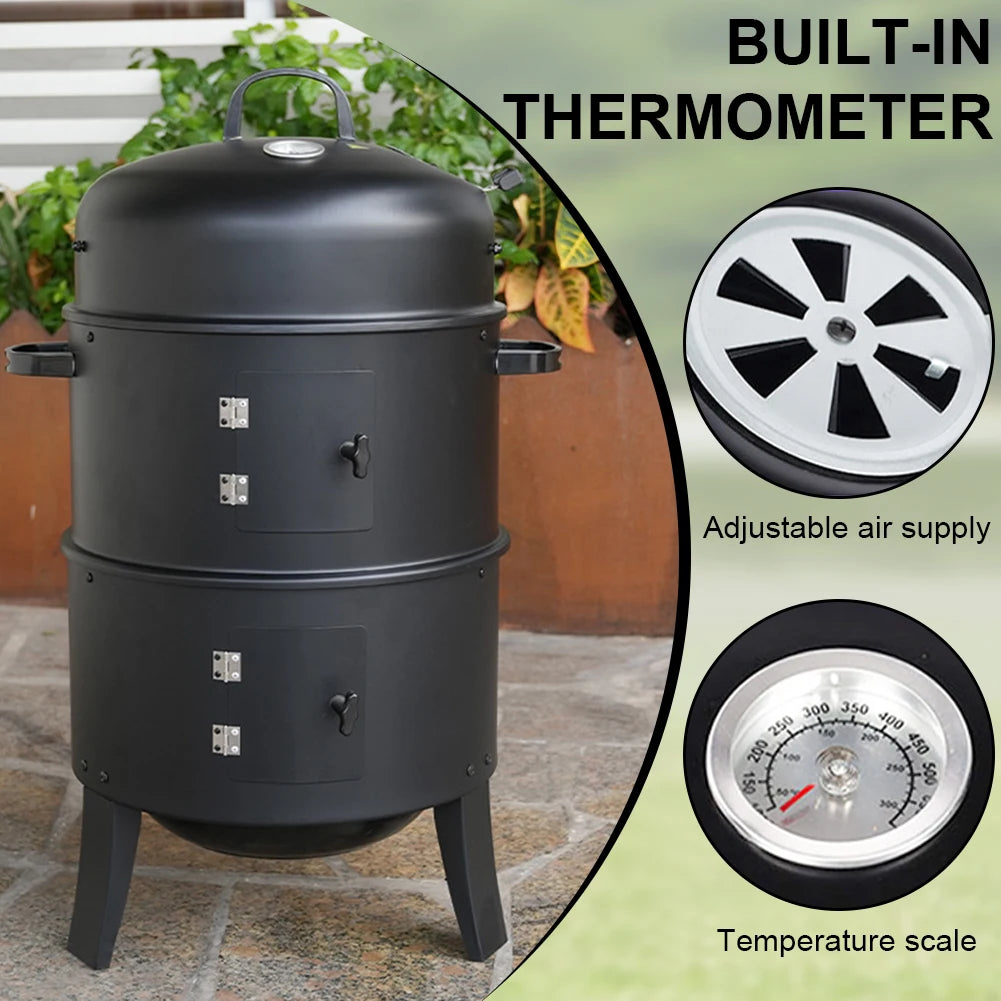 Vertical Charcoal Smoker With Built In Thermometer And Two Access Doors