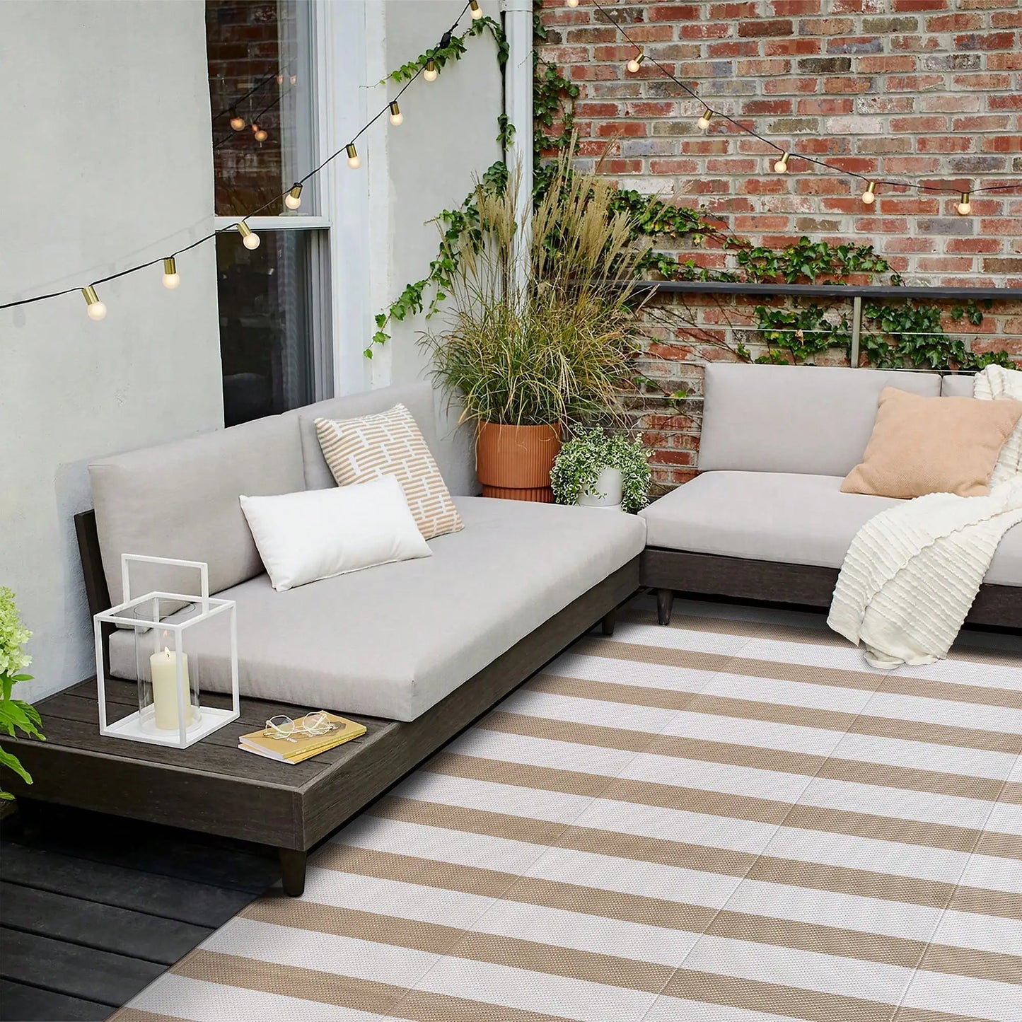 Outdoor Waterproof Patio Rug Beige Stripe Reversible 5x8 6x9 8x10 9x12