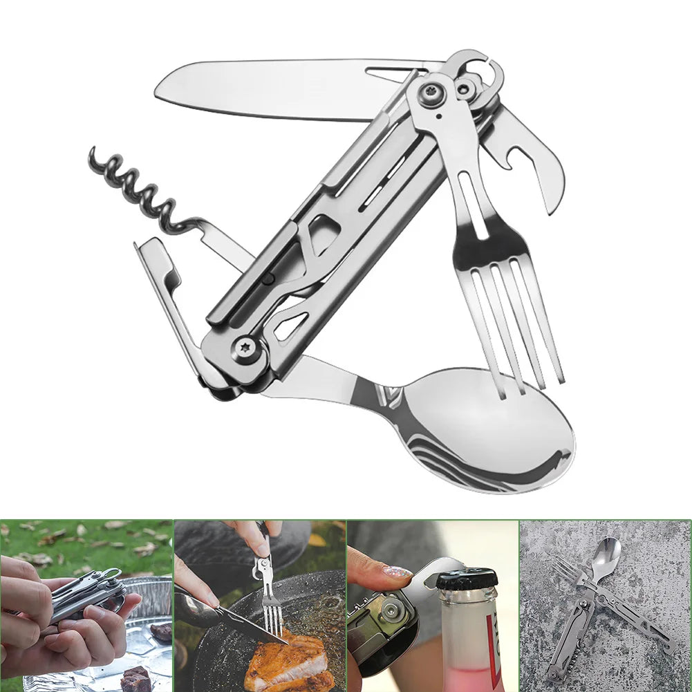 Alloyseed 6 in 1 Camping Tableware Foldable EDC Tool Fork Knife Spoon
