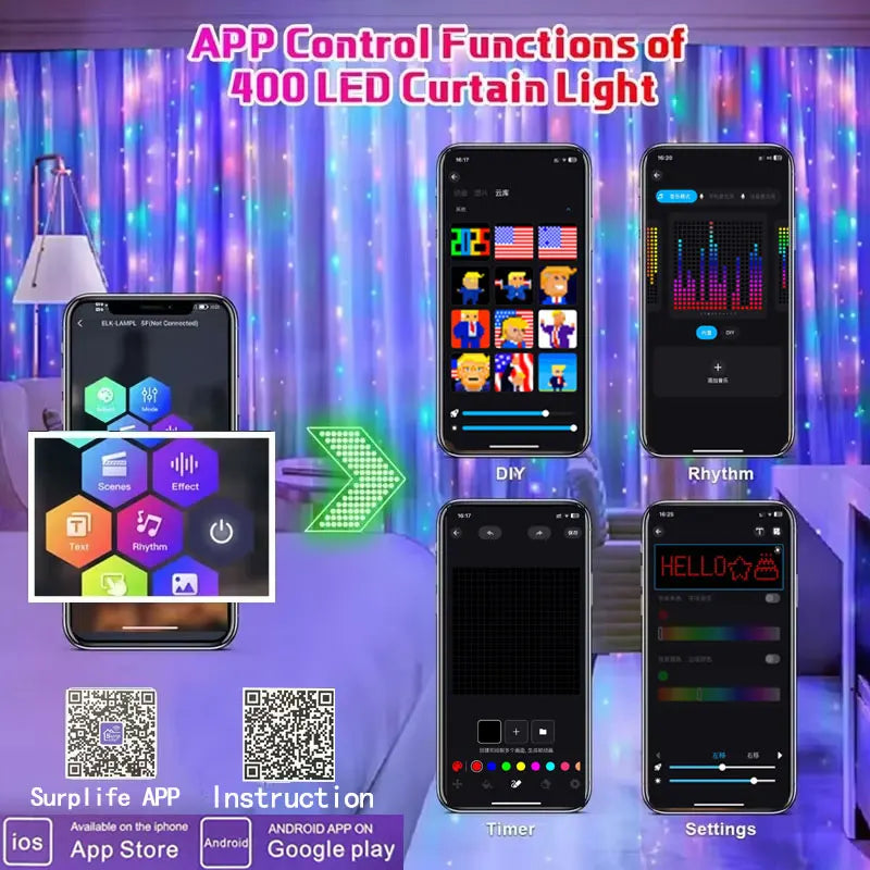 GCTECHING 400 LED Smart Curtain Lights With App Remote Control Music Sync