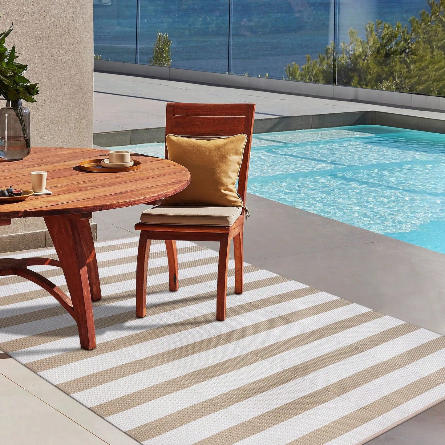 Outdoor Waterproof Patio Rug Beige Stripe Reversible 5x8 6x9 8x10 9x12