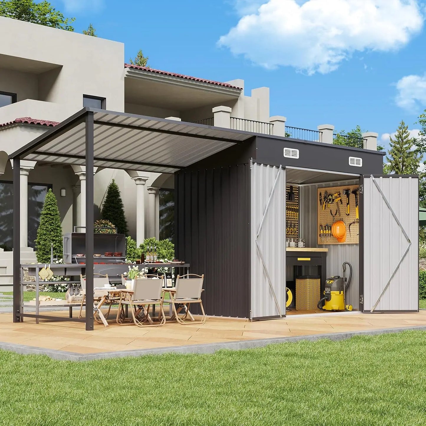 6x4ft Outdoor Storage Shed And Gazebo Combo With Open Sided Pergola 2in1