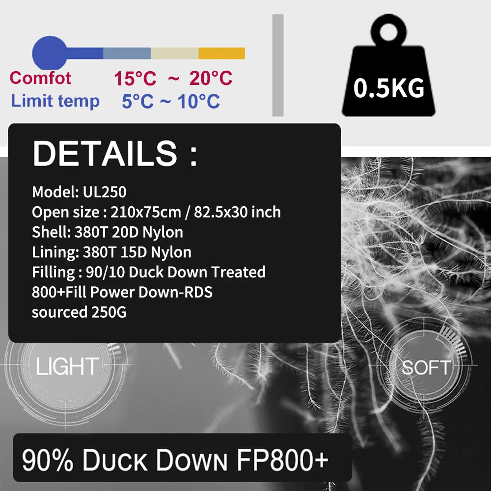 Kamperbox Ultralight Down Sleeping Bag With 800 Fill Power 250G Duck Down