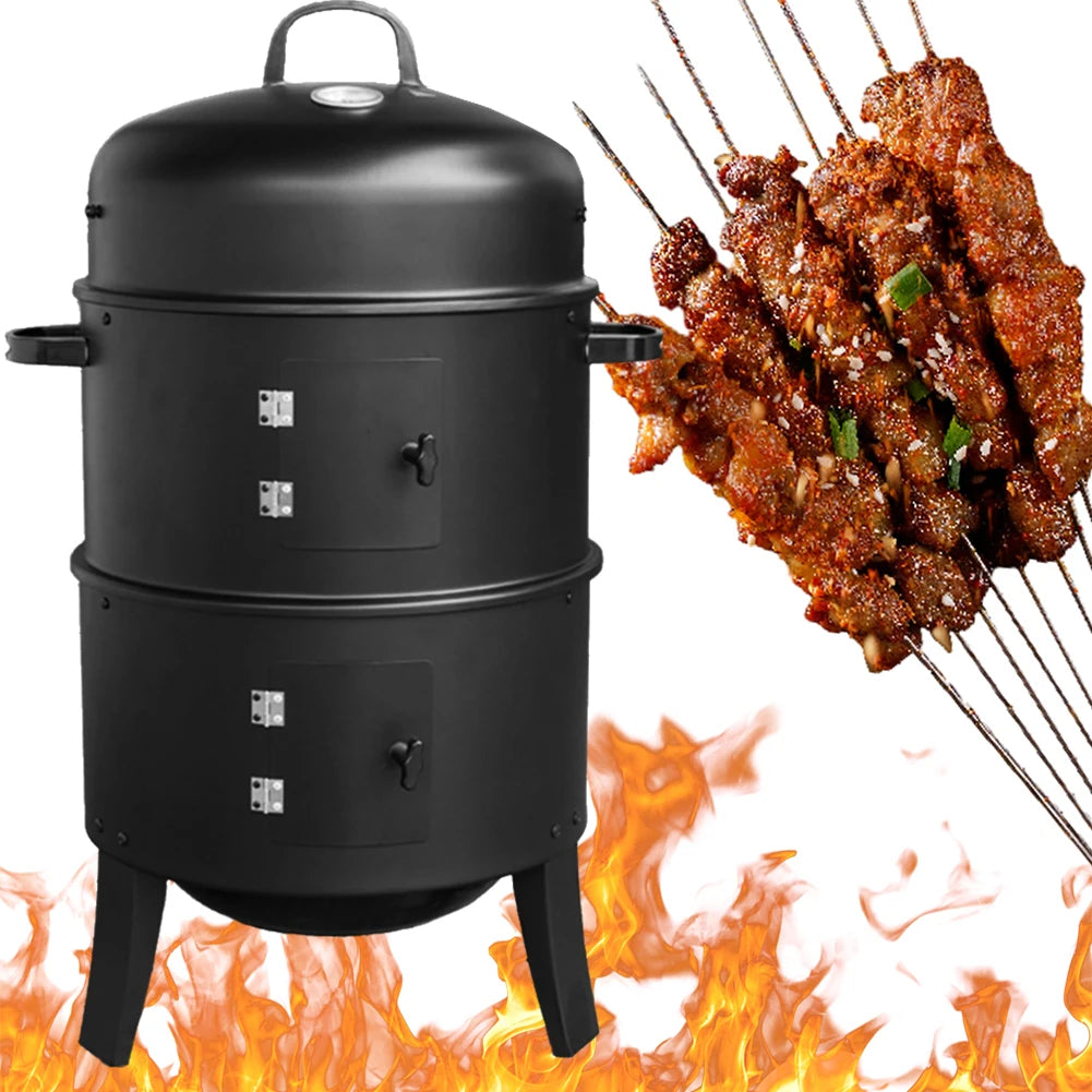 Vertical Charcoal Smoker With Built In Thermometer And Two Access Doors