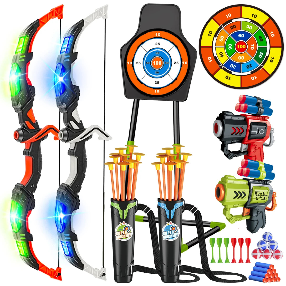 VATOS 2X Bow Arrow Toy Set With Night Light Archery Target Indoor For Kids