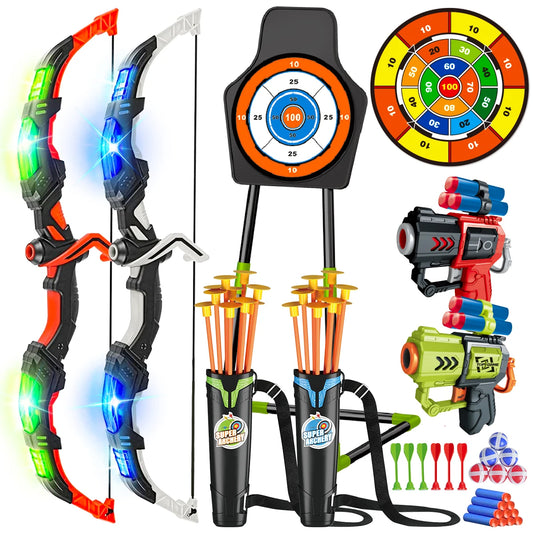 VATOS 2X Bow Arrow Toy Set With Night Light Archery Target Indoor For Kids