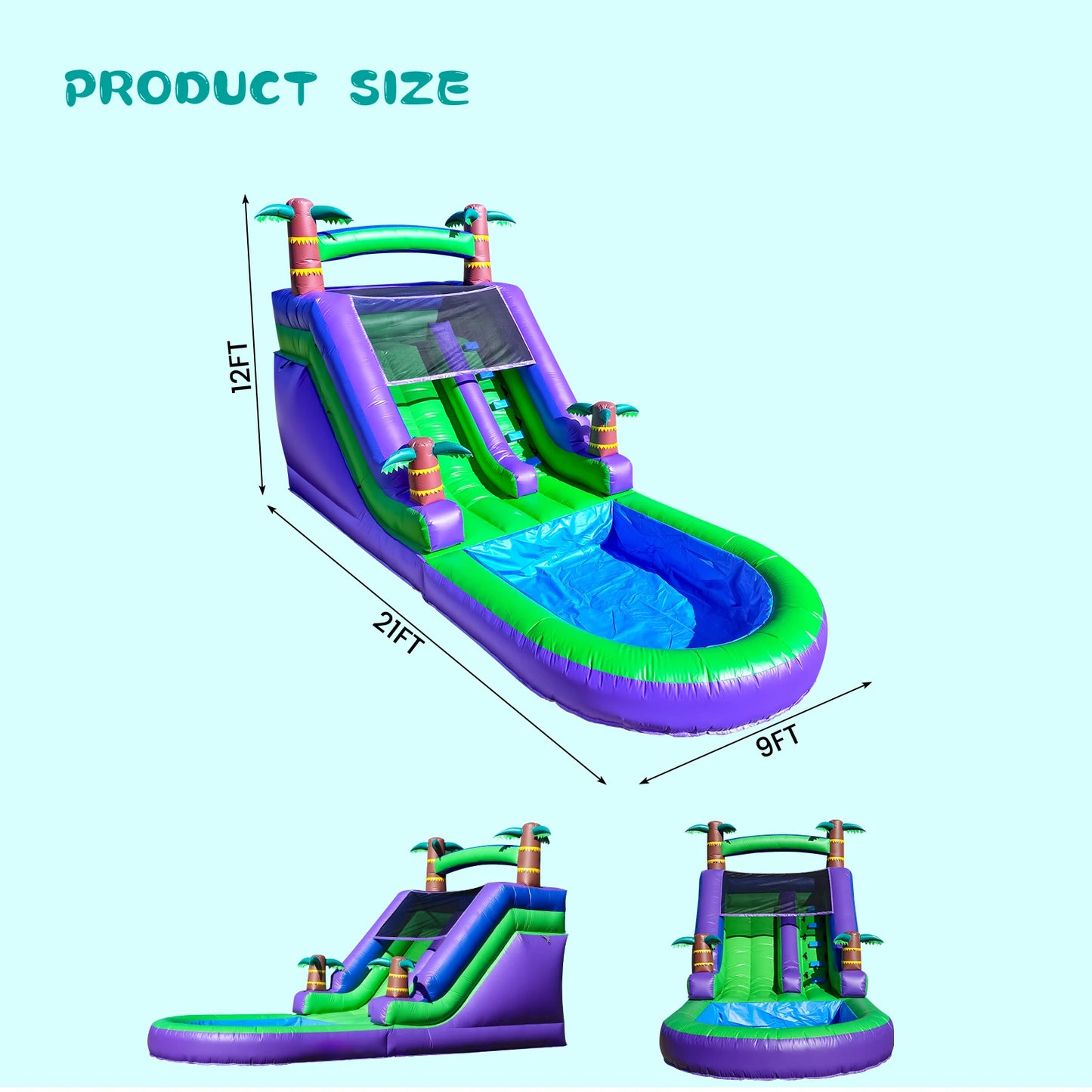 Make your party a splash with the RTS inflatable Giant Tropical Water Slide, a durable, all-in-one bounce house that blends a high-flying slide, bouncy play area, and bright tropical graphics into one family-friendly outdoor adventure.