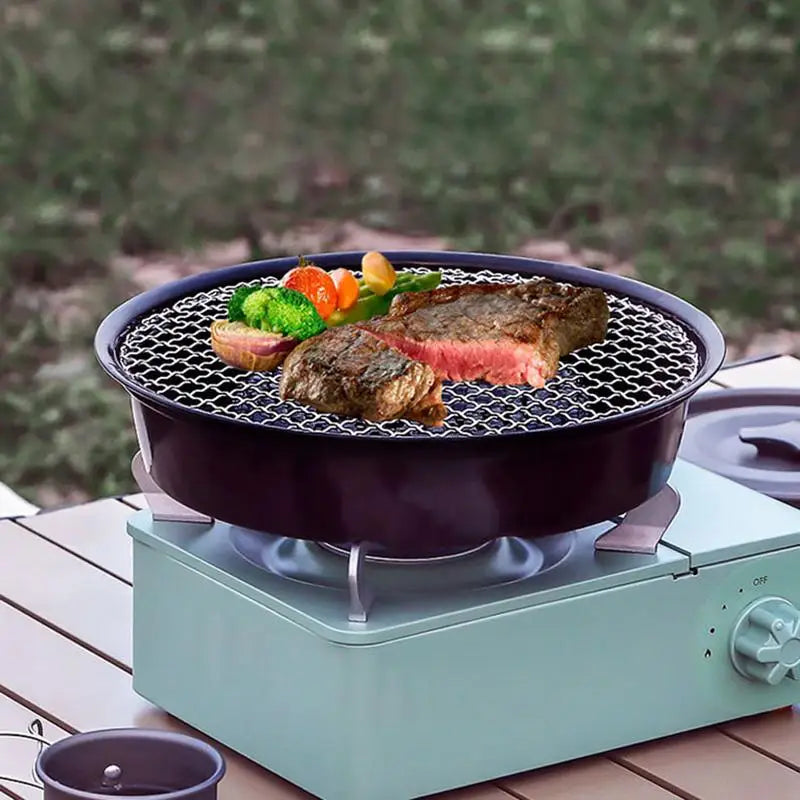 Elevate your outdoor cooking with this durable nonstick round grill pan, perfectly suited for camping and backyard grilling, designed for even heat distribution and lasting performance.