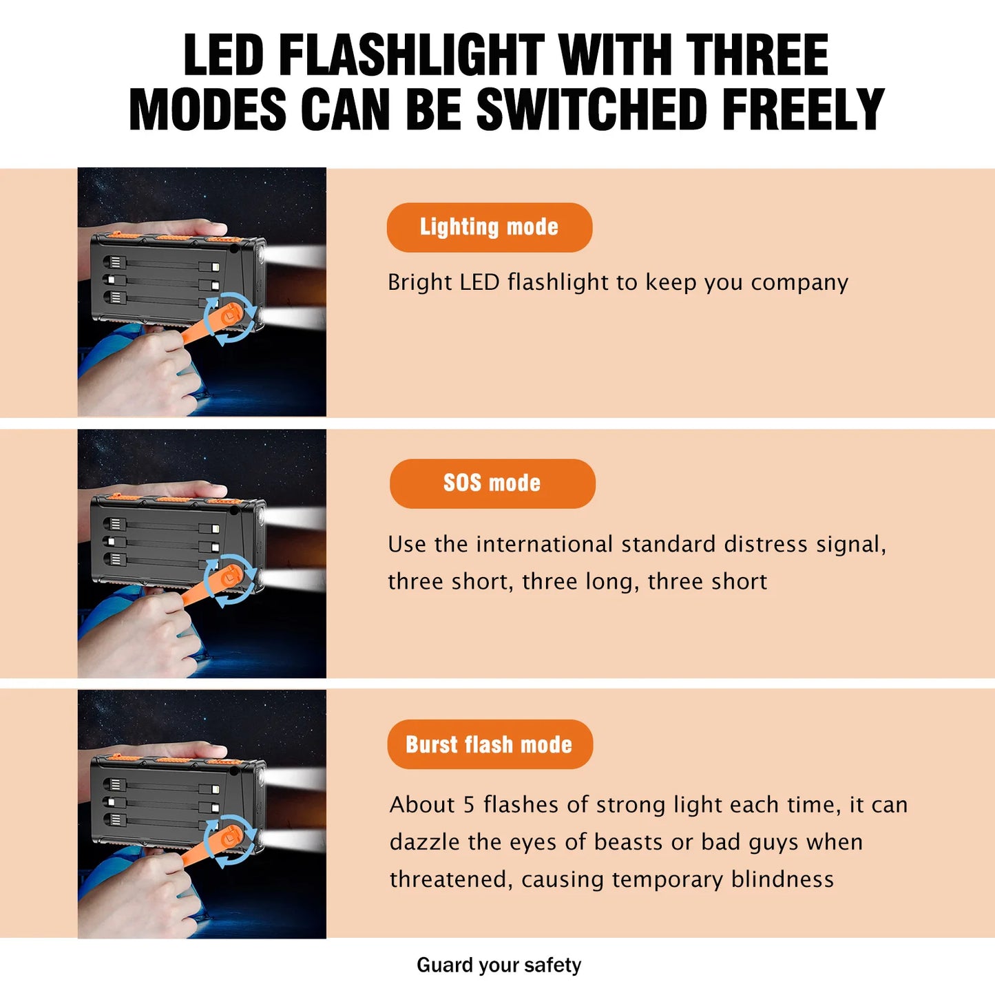 Power your adventures anywhere with this versatile solar power bank that combines portable charging, a hand crank, bright dual LED work lights, and rugged outdoor durability in remote locations.