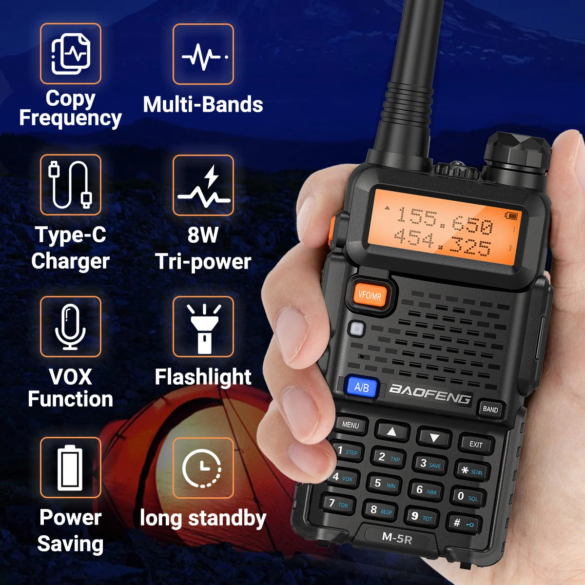 Baofeng M-5R 8W Multi-Band Walkie Talkie Type-C Long Range For UV-5R