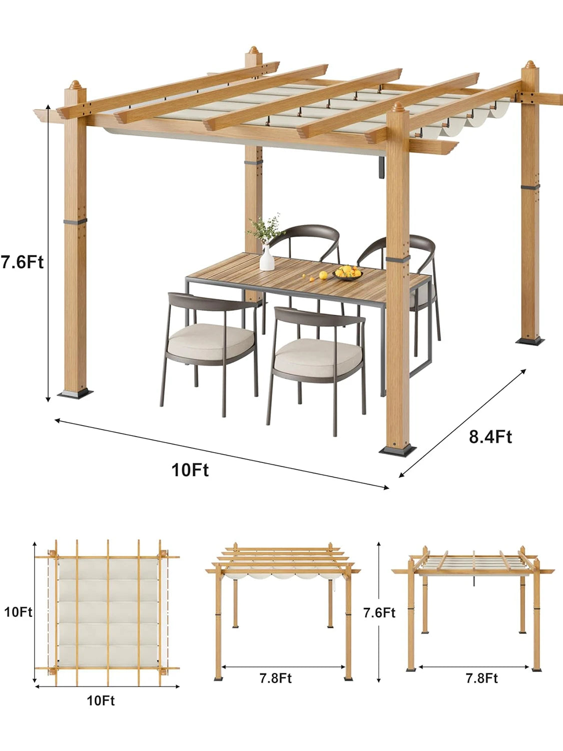 HiMISS 10x10Ft 10x13Ft Outdoor Pergola With Retractable Canopy