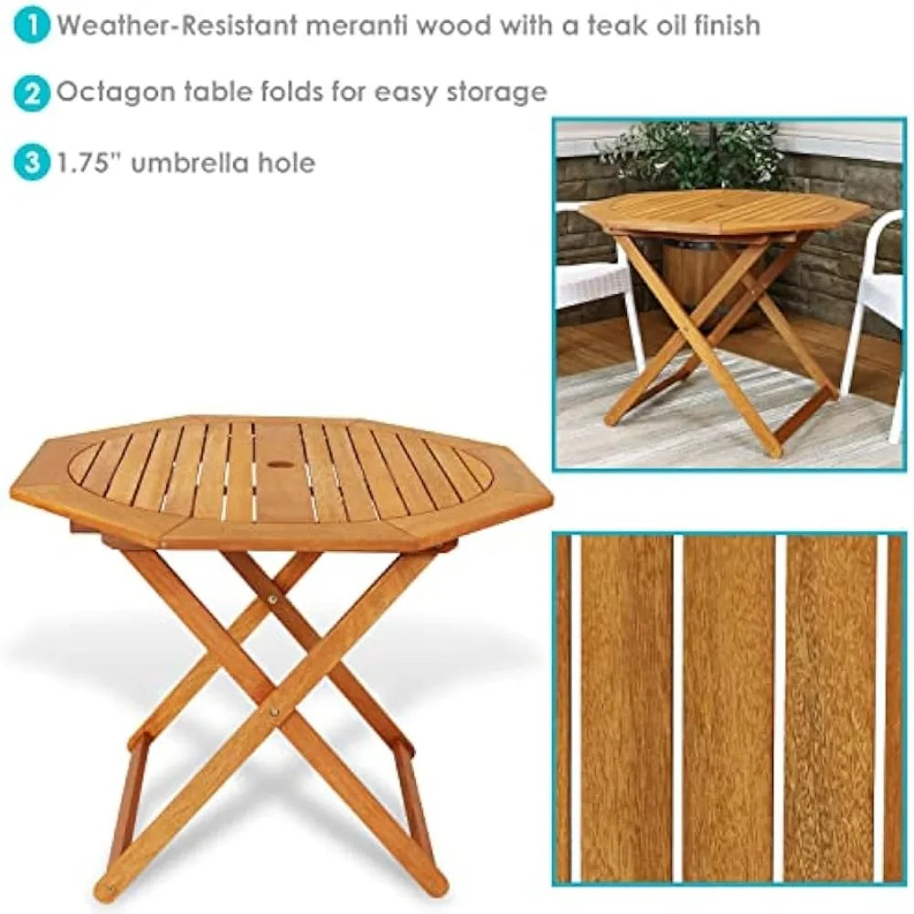 Foldable Meranti Wood Outdoor Dining Table With Umbrella Hole Octagonal