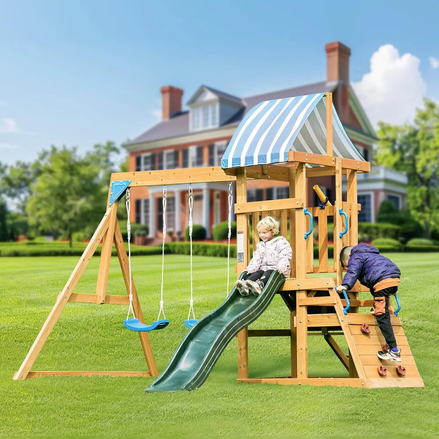 Rolife Wooden Swing Set With Dual Swings Slide Climbing Wall Chalkboard Fort