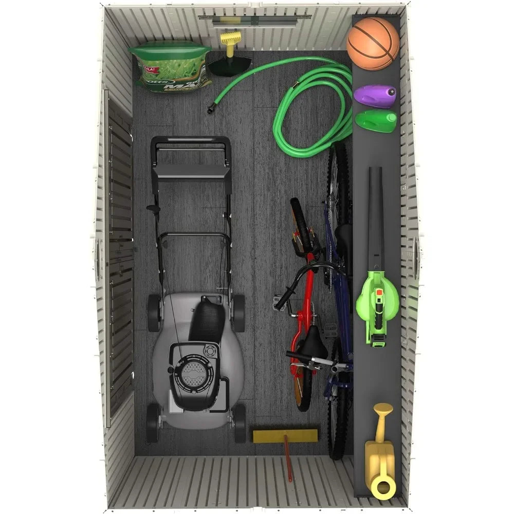 Brighten your yard organization with this customizable outdoor storage shed, engineered to withstand harsh weather, resist UV and rust, and keep all your tools, bikes, and seasonal items neatly protected and within easy reach all year long.