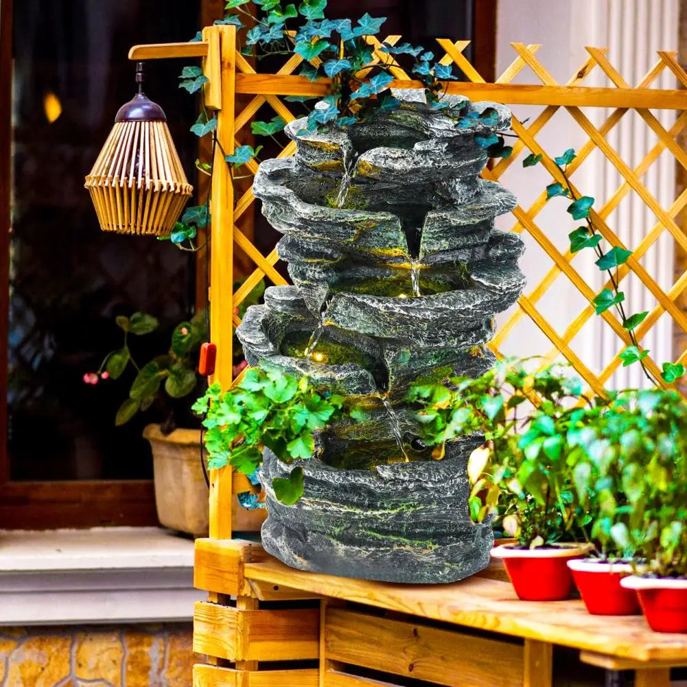6 Tier Rock Water Fountain Outdoor Garden Waterfall Decor LED Light