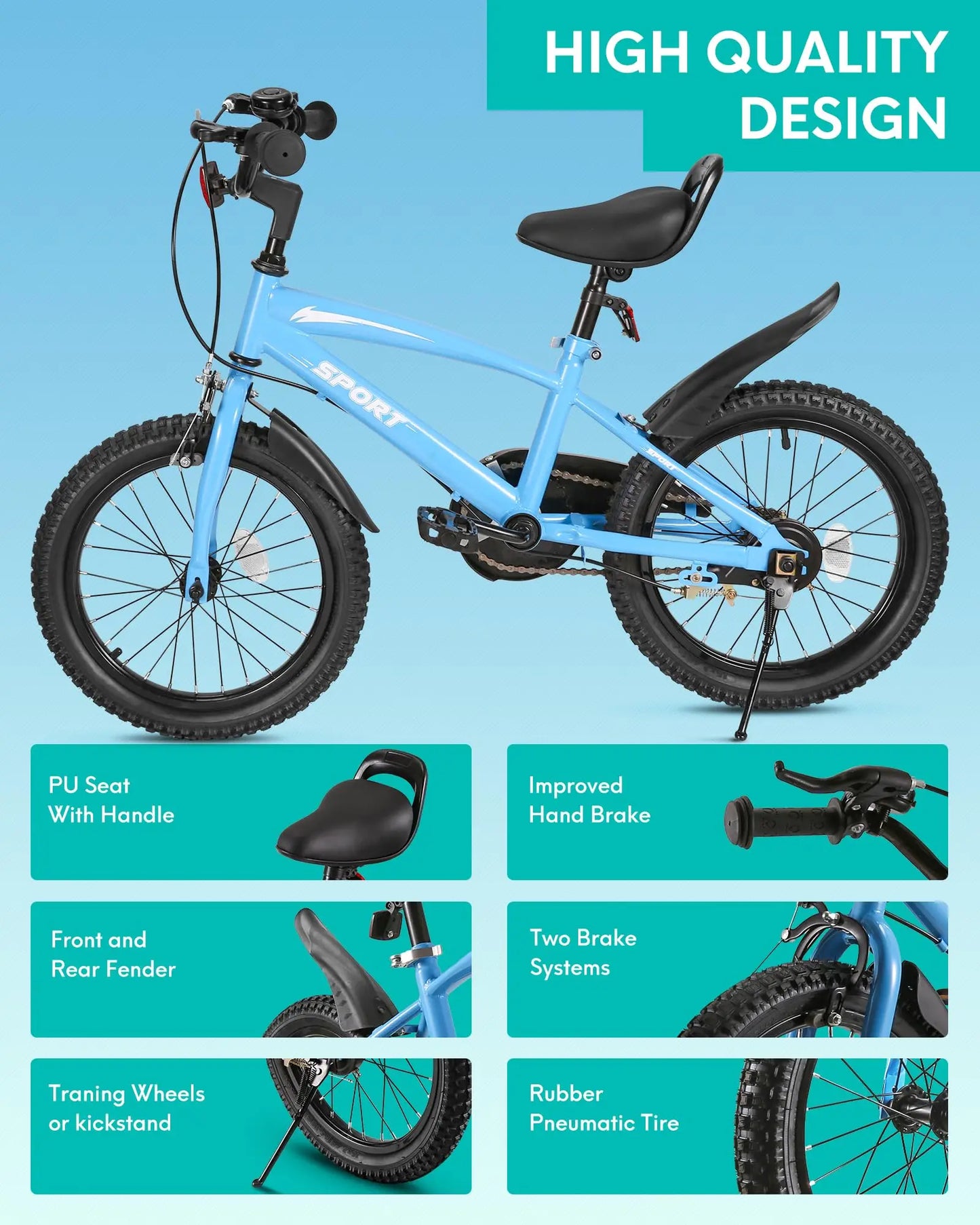 Ride confidently with this sturdy 16 inch kids bike built for balance, control, and hours of safe riding, featuring training wheels, dual handbrakes, an adjustable handlebar and saddle, a durable frame with a steel fork, a kickstand, and a unisex design