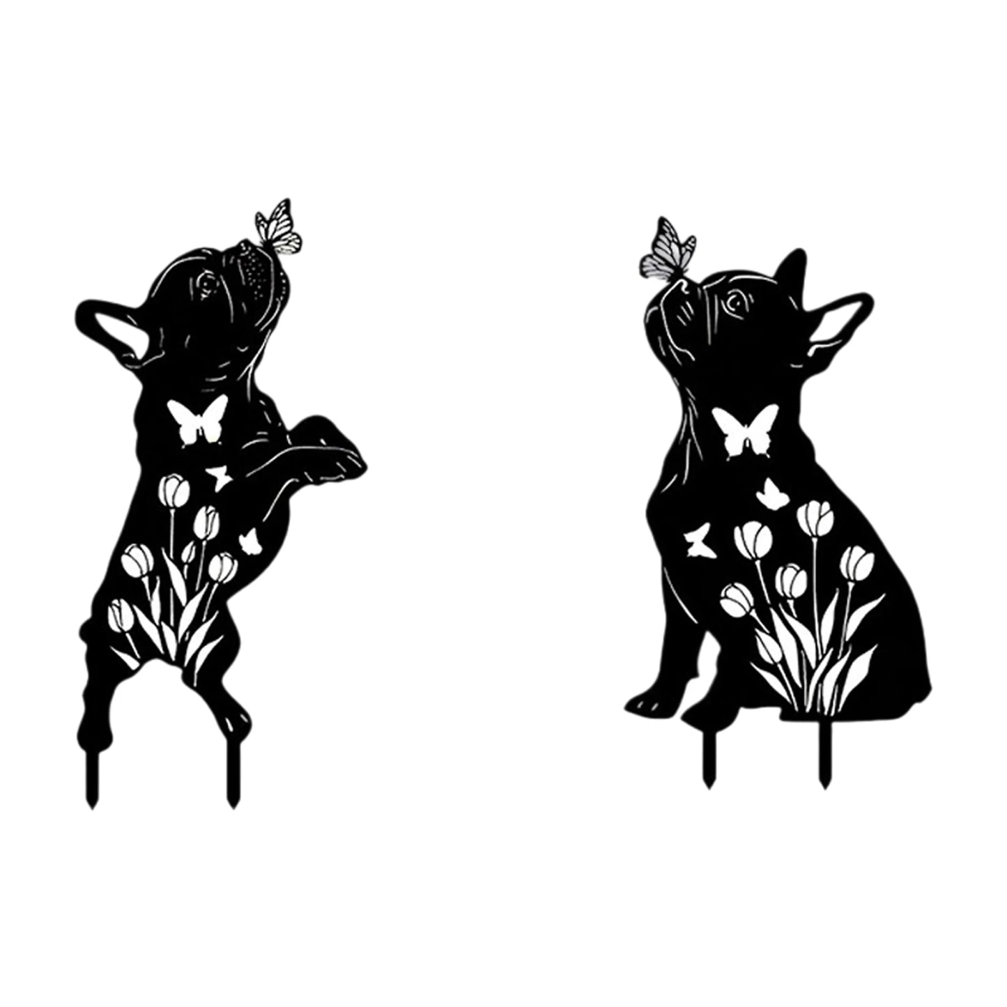 Add whimsical charm to your garden with these rustic metal stakes featuring butterfly and dog silhouettes, designed for year‑round outdoor display and easy arrangement.
