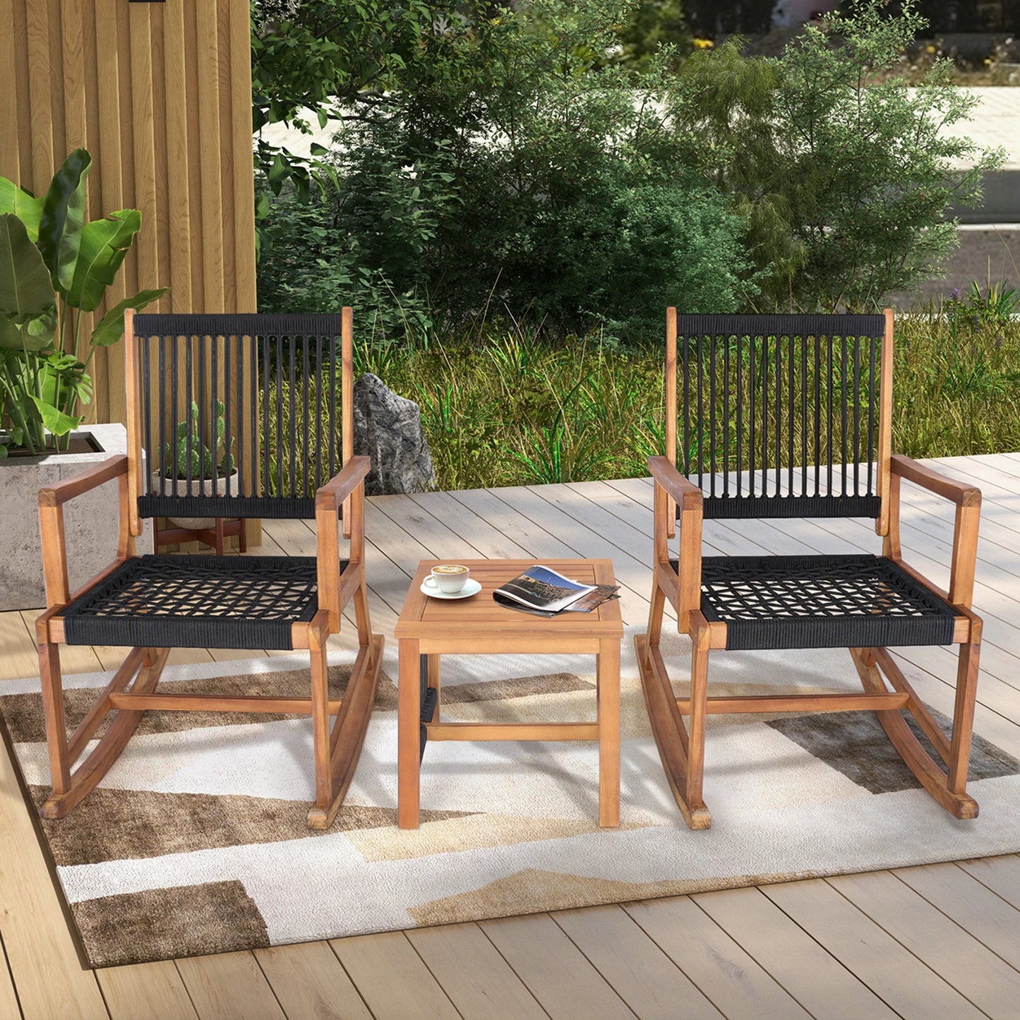 HOMASIS 3 Piece Acacia Wood Patio Bistro Table Rocking Chair Set Outdoor