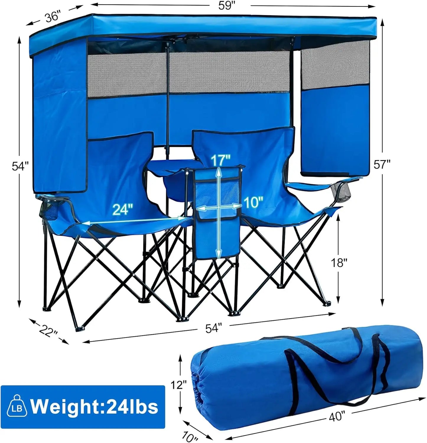 Double Beach Chair With Canopy Shade Cup Holder Heavy Duty Folding Lounge Chair