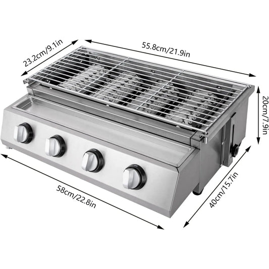 4-Burner Stainless Steel Portable Tabletop Gas Grill Smokeless For Camping