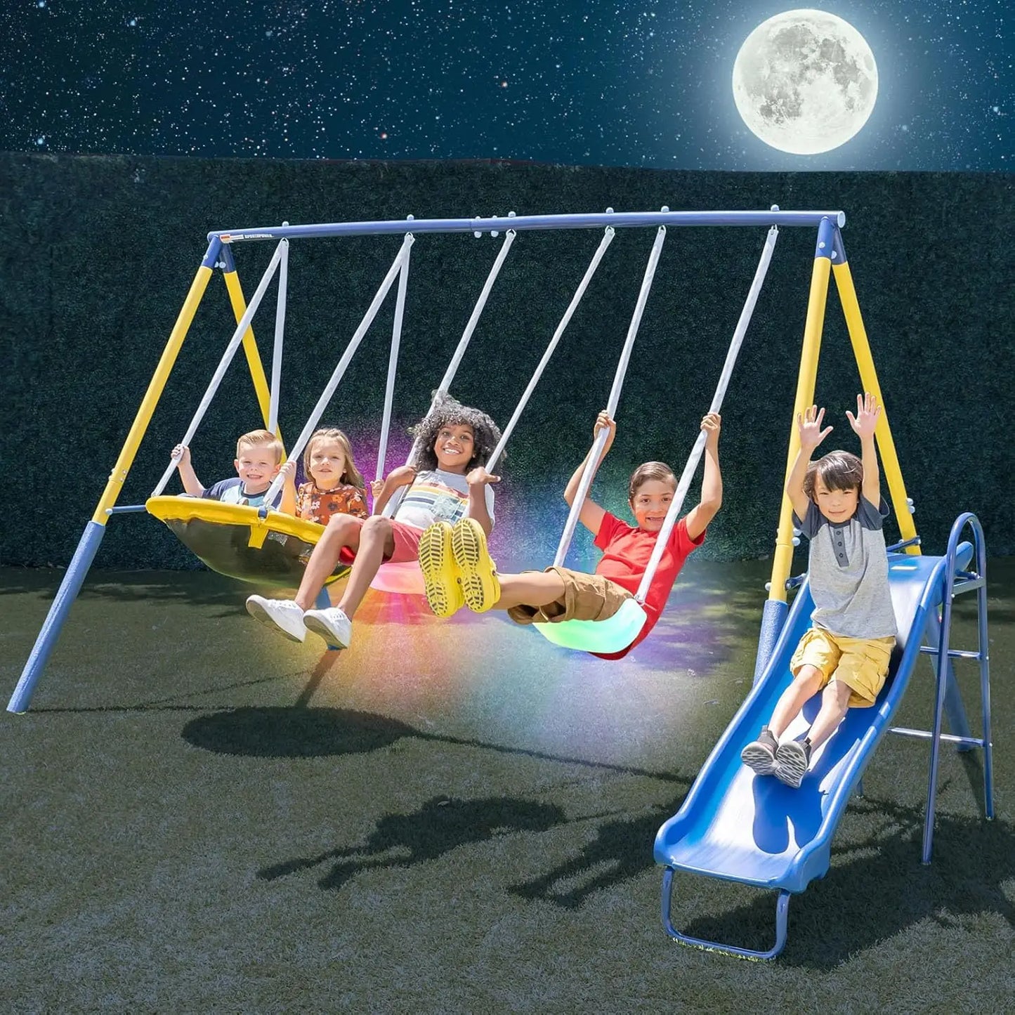Turn your backyard into a vibrant action packed playground with this durable outdoor swing set designed for kids ages 3 to 8.