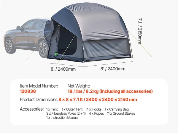SucceBuy SUV Tent Camping Waterproof PU2000mm Double Layer Shade Mesh Windows