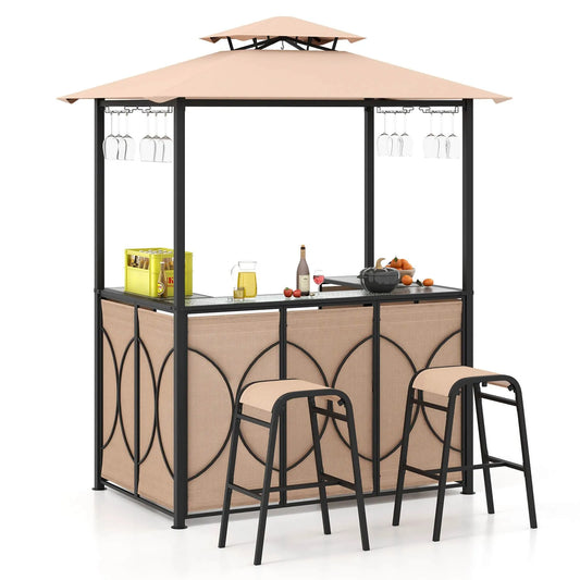 3 Piece Patio Bar Set With Tempered Glass Table And Metal Storage Shelves Garden
