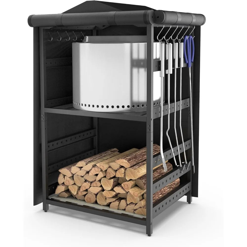 Elevate your outdoor fire setup with a rugged iron storage station that keeps tools, accessories, and firewood neatly organized.