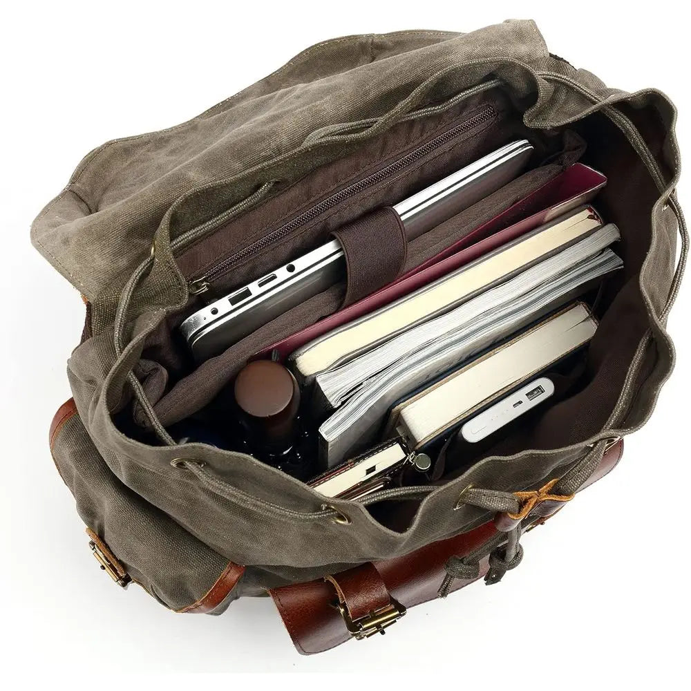 Vintage Canvas Backpack With Leather Accents Military Inspired Army Green