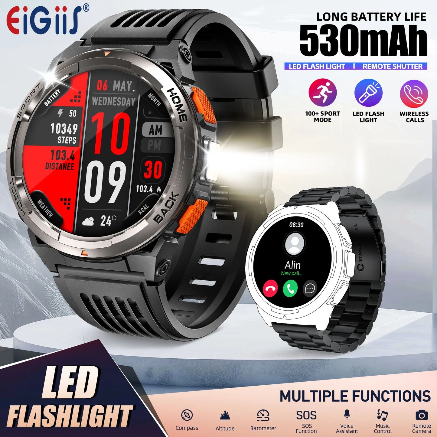 EIGIIS KE5 1.45 Inch Smartwatch With Compass Barometer Altimeter 3ATM Waterproof