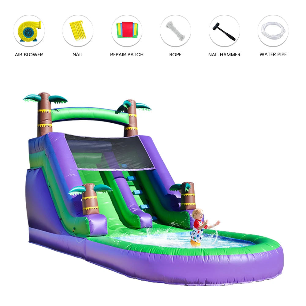 Make your party a splash with the RTS inflatable Giant Tropical Water Slide, a durable, all-in-one bounce house that blends a high-flying slide, bouncy play area, and bright tropical graphics into one family-friendly outdoor adventure.