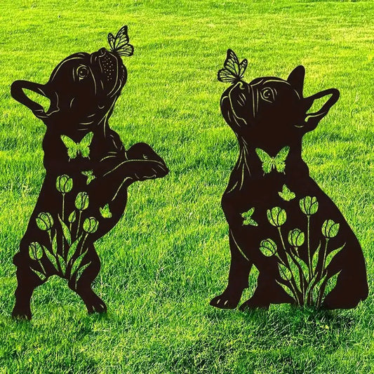 Add whimsical charm to your garden with these rustic metal stakes featuring butterfly and dog silhouettes, designed for year‑round outdoor display and easy arrangement.