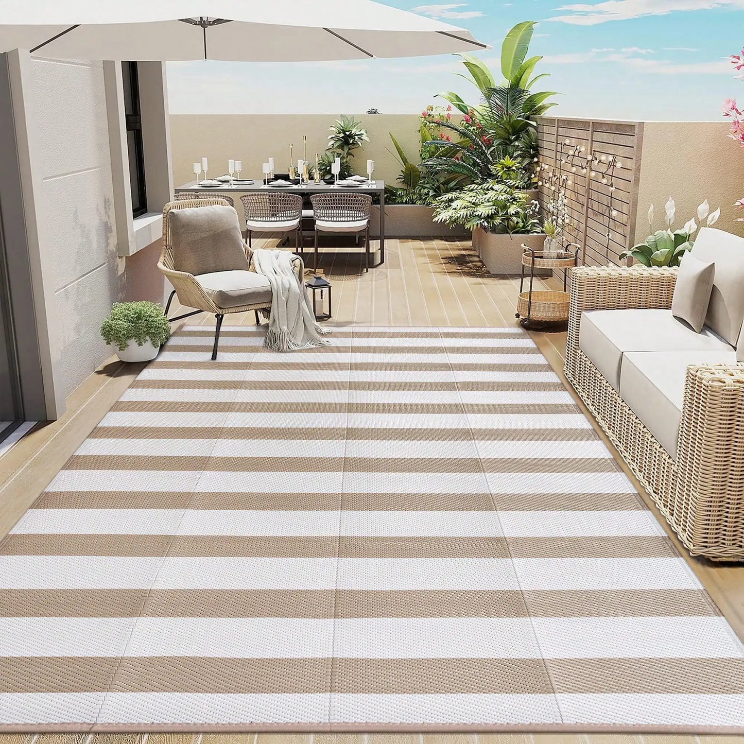 Outdoor Waterproof Patio Rug Beige Stripe Reversible 5x8 6x9 8x10 9x12