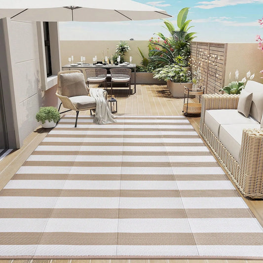 Outdoor Waterproof Patio Rug Beige Stripe Reversible 5x8 6x9 8x10 9x12