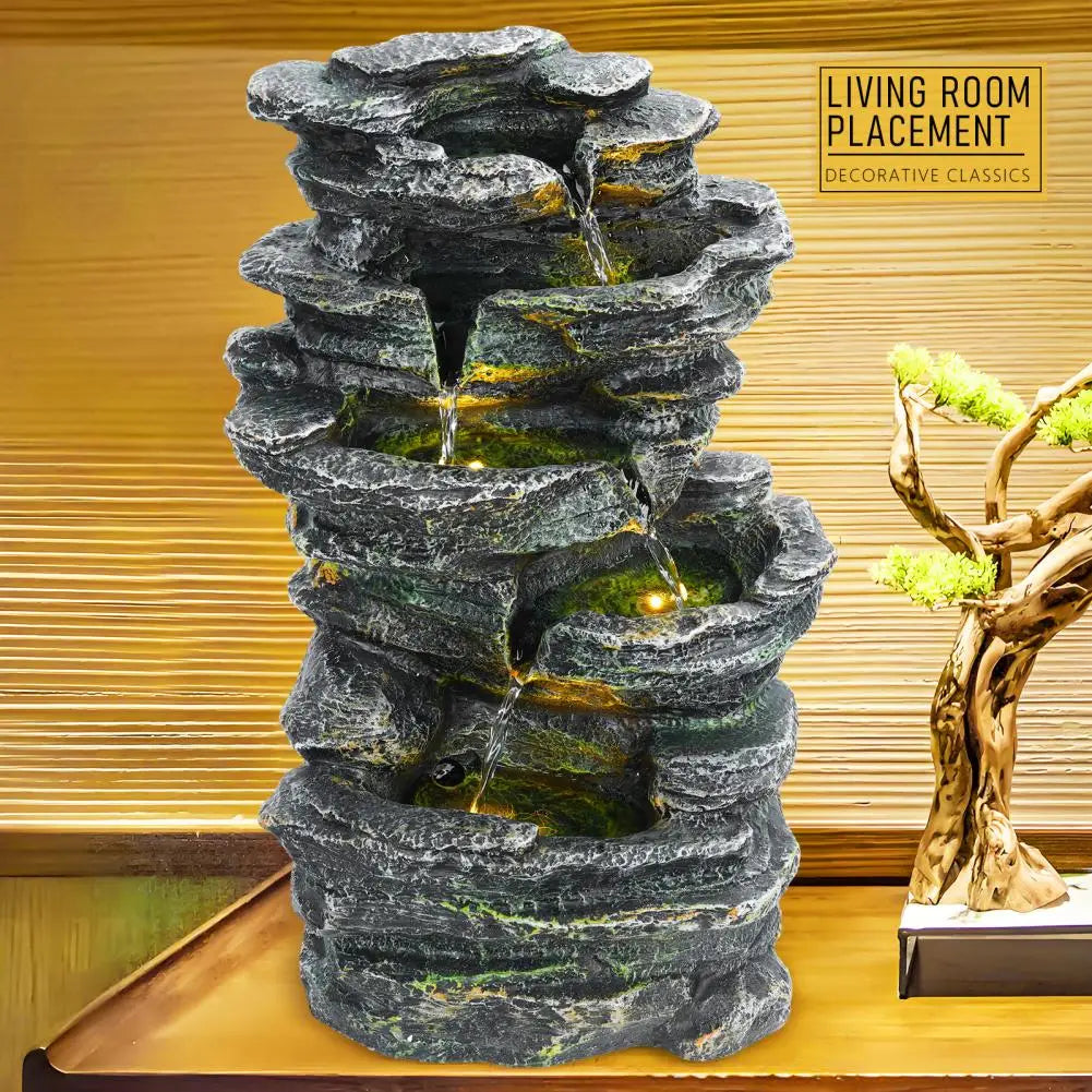 6 Tier Rock Water Fountain Outdoor Garden Waterfall Decor LED Light