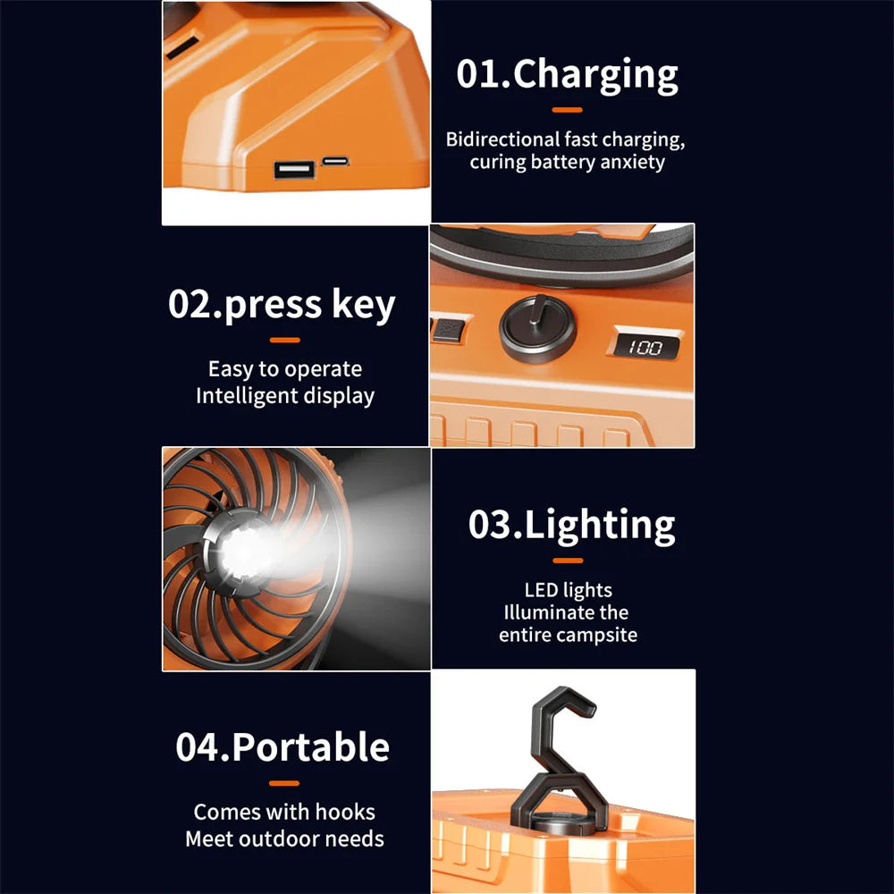 CURUK 20000mAh Camping Fan Portable Wireless Tent Circulator With LED Light