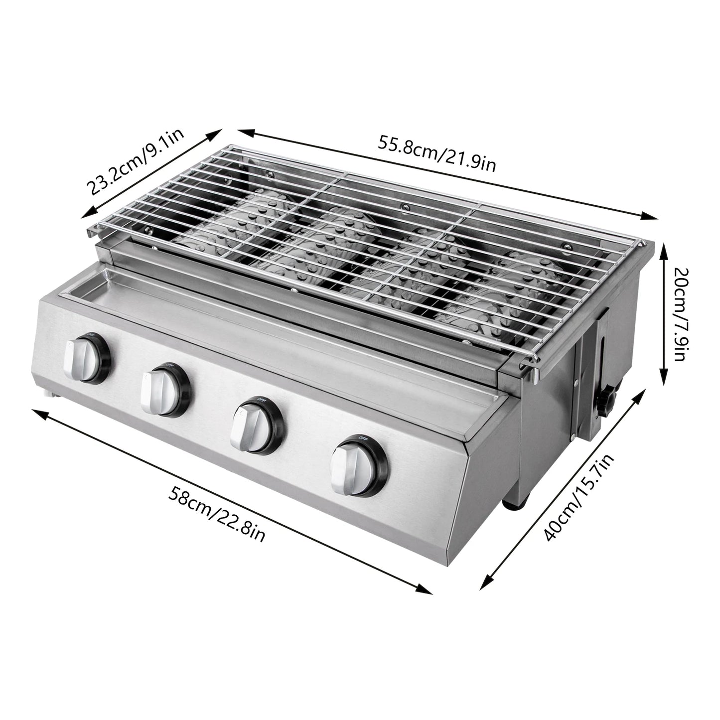 4-Burner Stainless Steel Portable Tabletop Gas Grill Smokeless For Camping