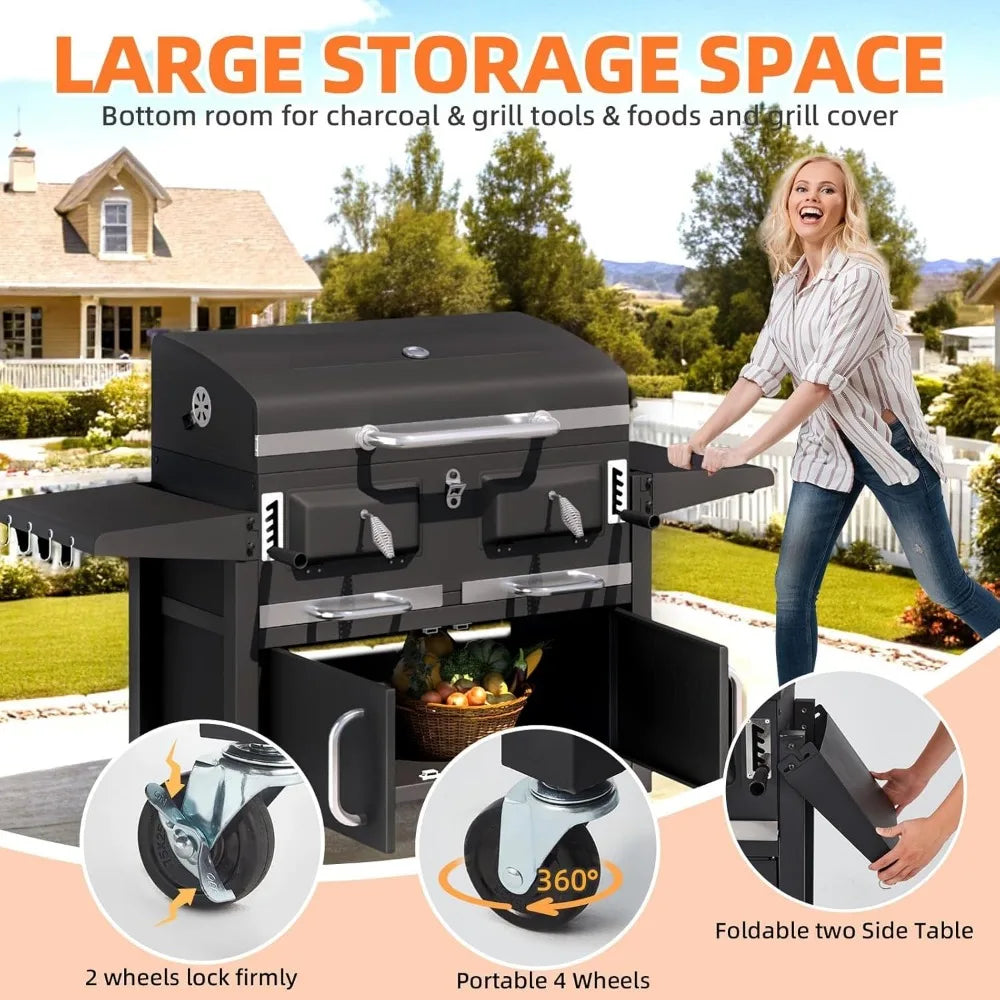 36 Inch Extra Large Charcoal Grill With Thermometer And Lifting Trays 620 Sq In