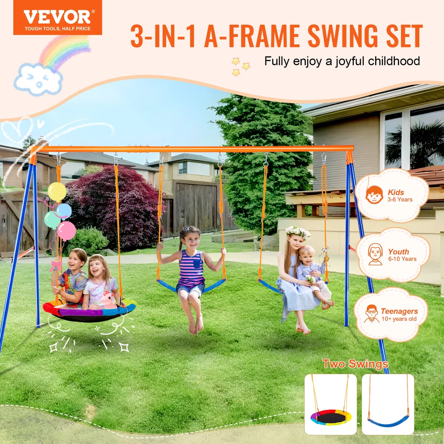 Backyard Swing Set 600 Lb Capacity With 1 Saucer Swing Seat And 2 Belt Seats