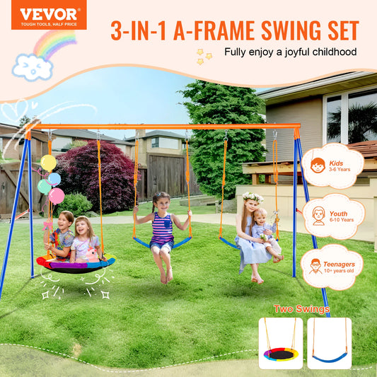 Backyard Swing Set 600 Lb Capacity With 1 Saucer Swing Seat And 2 Belt Seats