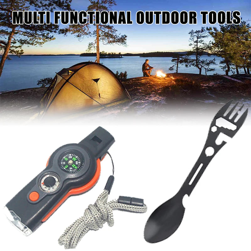 Seven In One Whistle Compass Tool For Camping With Knife And Bottle Opener