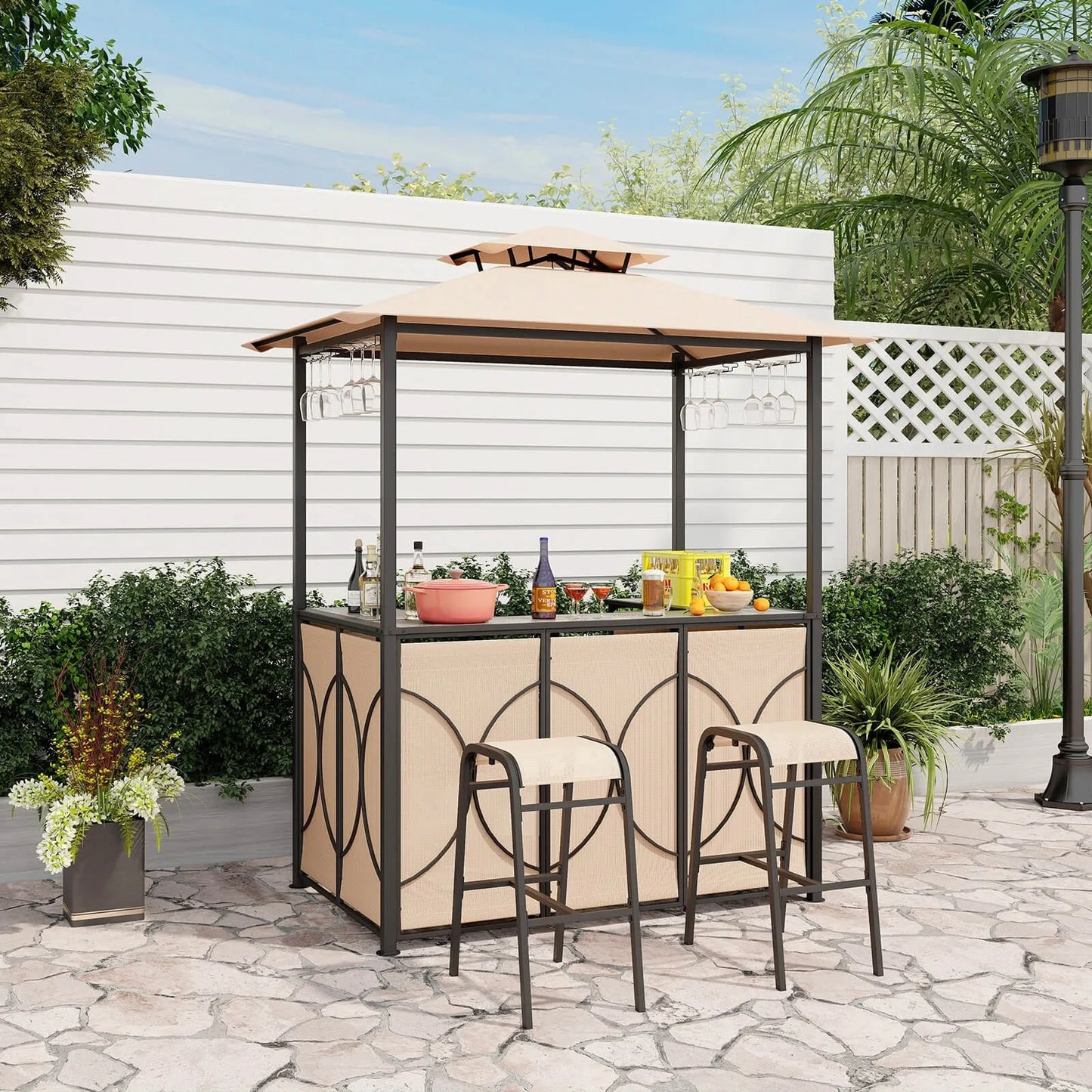 3 Piece Patio Bar Set With Tempered Glass Table And Metal Storage Shelves Garden