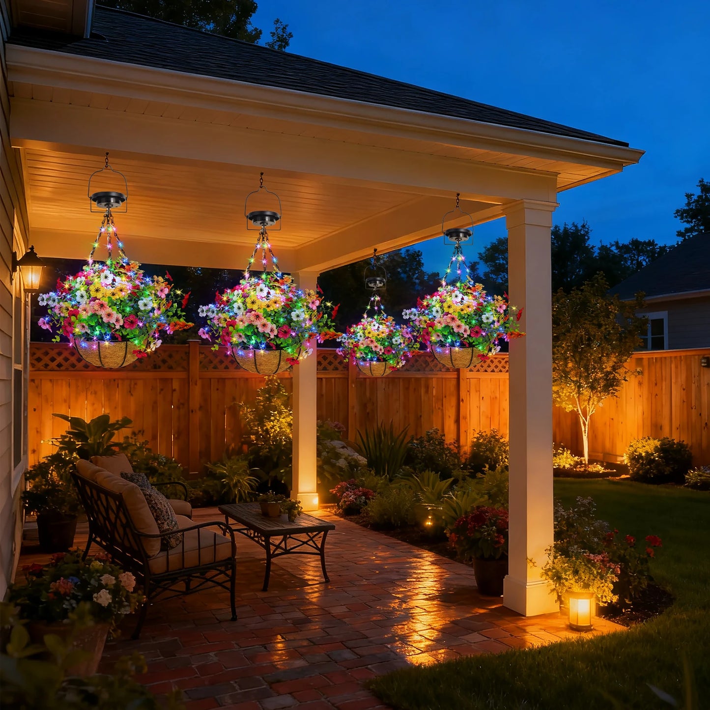 Solar Powered Hanging Flower Basket Lights Outdoor RGB With Solar Panel